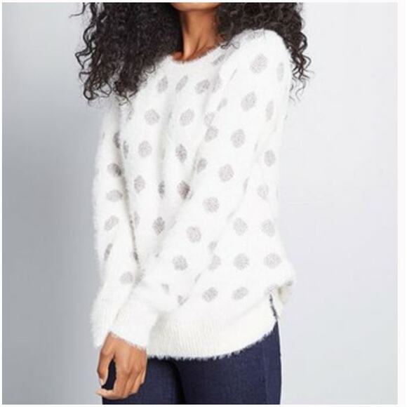 Modcloth White Small Sweater Polka Dot Eyelash Sparkle New Year's Cozy Rainbow - Picture 2 of 7